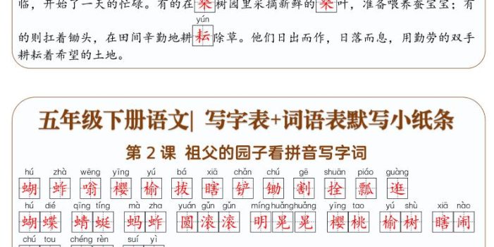 五年级下语文写字表+词语表默写小纸条(解析版)