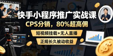 快手小程序推广实战课，CPS分销，80%超高佣，短视频挂载+无人直播，正规长久被动收益