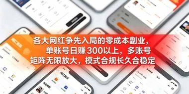 各大网红争先入局的零成本副业，单账号日赚 300 以上，多号矩阵可放大，模式合规长久稳定！