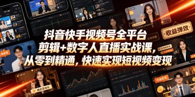 抖音快手视频号全平台剪辑+数字人直播实战课,从零到精通,快速实现短视频变现(更新2026年6月)