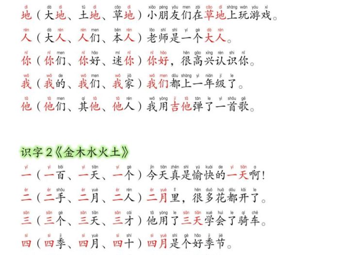 26新版一年级上语文暑假预习晨读材料（同步生字组词造句）