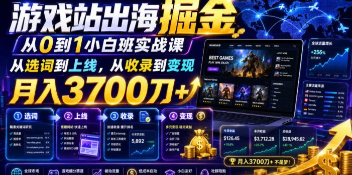游戏站出海掘金从0到1小白实战课,从选词到上线,从收录到变现,月入3700刀+