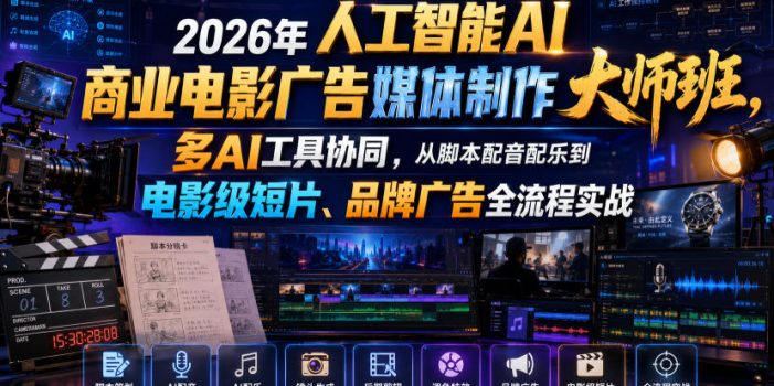 2026年人工智能AI商业电影广告媒体制作大师班,多AI工具协同,从脚本配音配乐到电影级短片、品牌广告全流程实战(中英字幕)