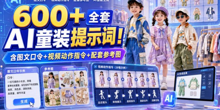 600+全套AI童装提示词!含图文口令+视频动作指令+配套参考图,Word-Excel规整分类,童装电商、种草无脑量产内容!