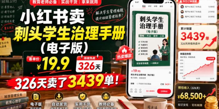 小红书卖刺头学生治理手册(电子版),客单价19.9,326天卖了3439单!