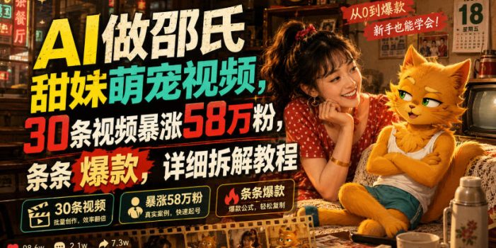 AI做邵氏甜妹萌宠视频,30条视频暴涨58万粉,条条爆款,详细拆解教程