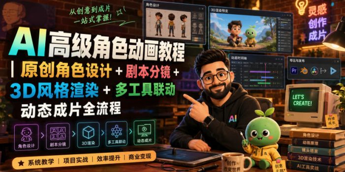AI高级角色动画教程|原创角色设计+剧本分镜+3D风格渲染+多工具联动动态成片全流程【中英字幕】