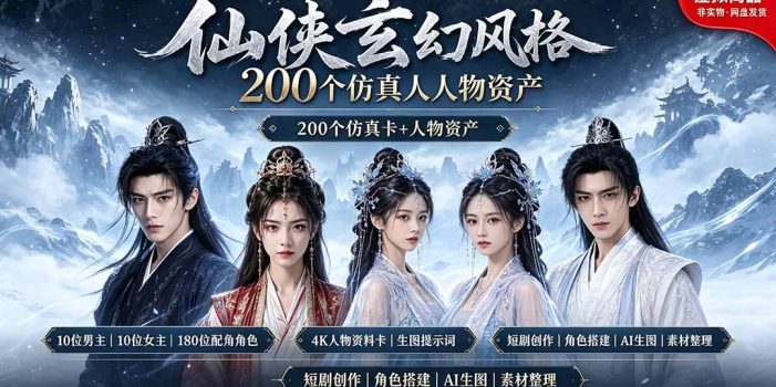 200个仙侠玄幻仿真人素材◆10男主×10女主×180配角,4K资料卡+AI生图提示词,漫剧必备