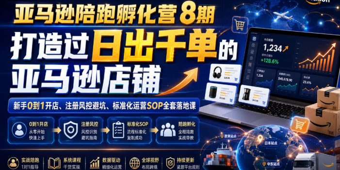 亚马逊陪跑孵化营8期,打造过日出千单的亚马逊店铺,新手0到1开店、注册风控避坑、标准化运营SOP全套落地课