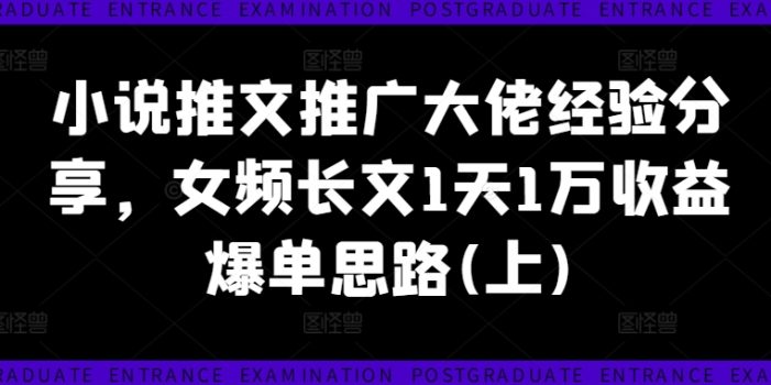 小说推文推广大佬经验分享,女频长文1天1万收益爆单思路(上)