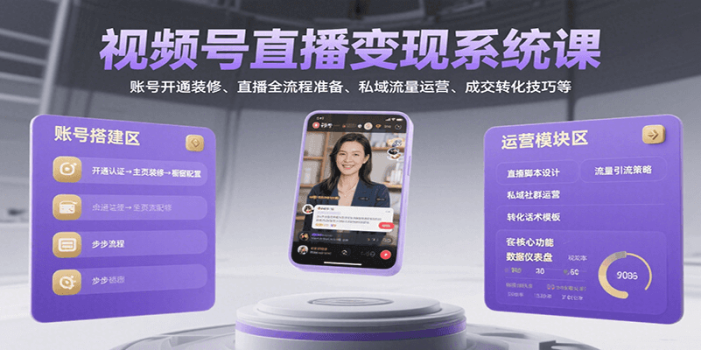 视频号直播变现系统课,账号开通装修、直播全流程准备、私域流量运营、成交转化技巧等