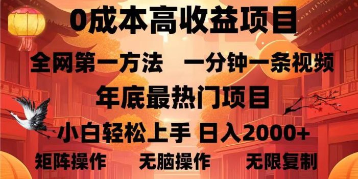 0成本高收益蓝海项目,一分钟一条视频,年底最热项目,小白轻松日入…