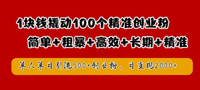 1块钱撬动100个精准创业粉,简单粗暴高效长期精准,单人单日引流500+创业粉,日变现2k【揭秘】