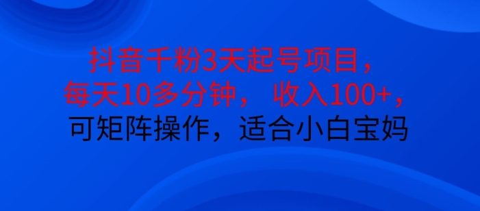 抖音干粉3天起号项目,每天10多分钟,收入100+,可矩阵操作,适合小白宝妈