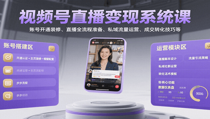 视频号直播变现系统课,账号开通装修、直播全流程准备、私域流量运营、成交转化技巧等